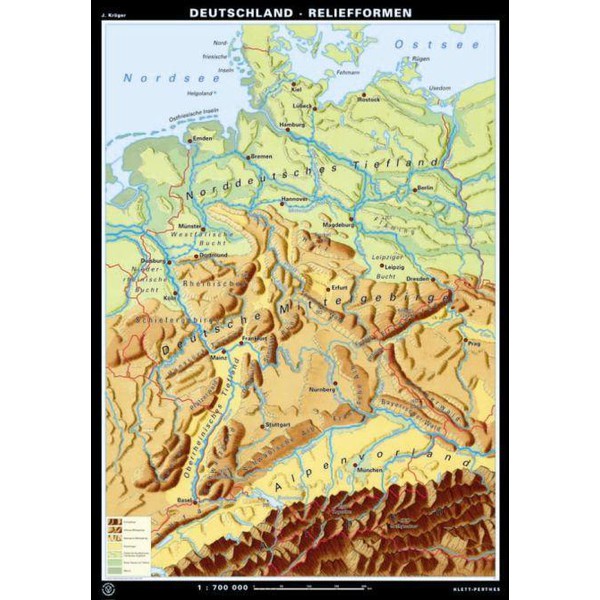 Klett-Perthes Verlag Mappa Germania, rilievi / conformazione del territorio (lavabile) fronte/retro