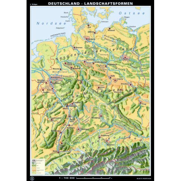 Klett-Perthes Verlag Mappa Germania, rilievi / conformazione del territorio (lavabile) fronte/retro