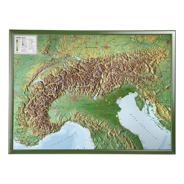 Georelief Mappa Regionale Arco alpino, carta in rilievo grande con cornice in legno (in tedesco)