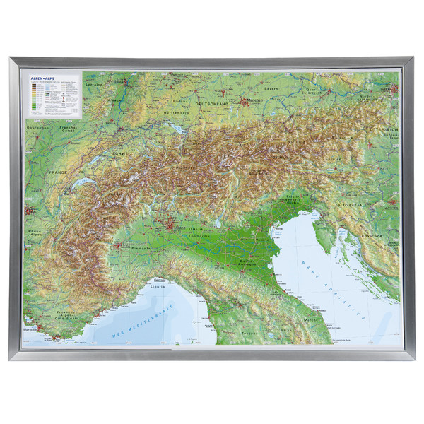 Georelief Mappa Regionale Arco alpino, carta in rilievo grande con cornice in alluminio (in tedesco)