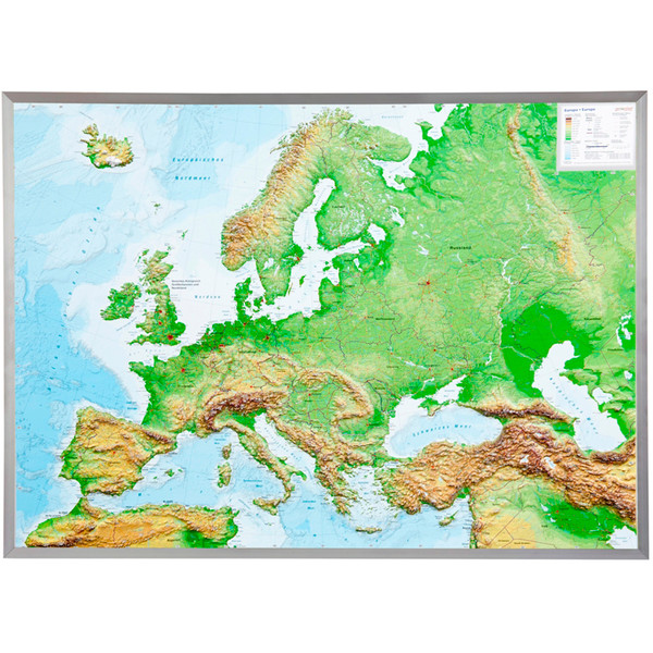 Georelief Europa, carta in rilievo grande con cornice in alluminio (in tedesco)