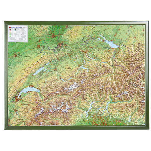 Georelief Mappa Svizzera, carta in rilievo grande con cornice in legno (in tedesco)