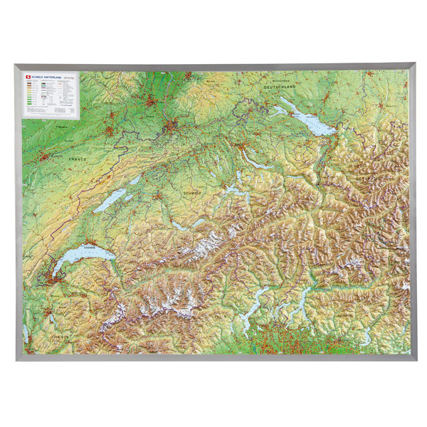 Georelief Mappa Svizzera, carta in rilievo grande con cornice in alluminio (in tedesco)