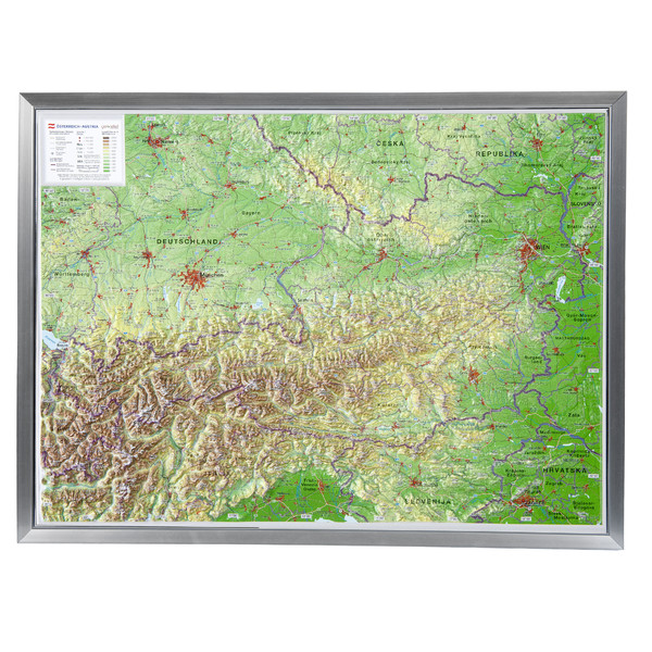 Georelief Mappa Austria, carta in rilievo grande con cornice in alluminio (in tedesco)