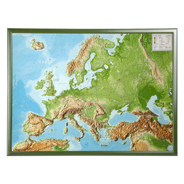 Georelief Europa, carta in rilievo grande con cornice in legno, INGLESE