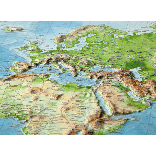 Georelief Mappa del Mondo Planisfero, carta in rilievo grande con cornice in legno, INGLESE