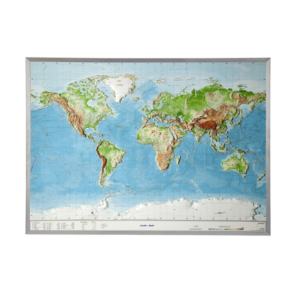 Georelief Mappa del Mondo Planisfero, carta in rilievo grande con cornice in alluminio, INGLESE