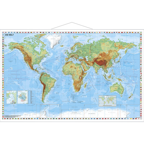 Stiefel Mappa del Mondo physisch mit Flaggenrand (95x62)