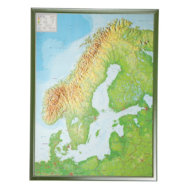 Georelief Mappa Regionale Scandinavia, carta grande in rilievo con cornice in plastica argento