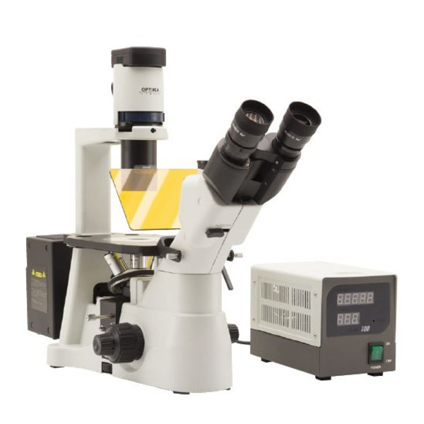 Optika Microscopio IM-3FL4-UK, trino, invertito, FL-HBO, filtro B&G, IOS LWD U-PLAN F, 100x-400x, UK