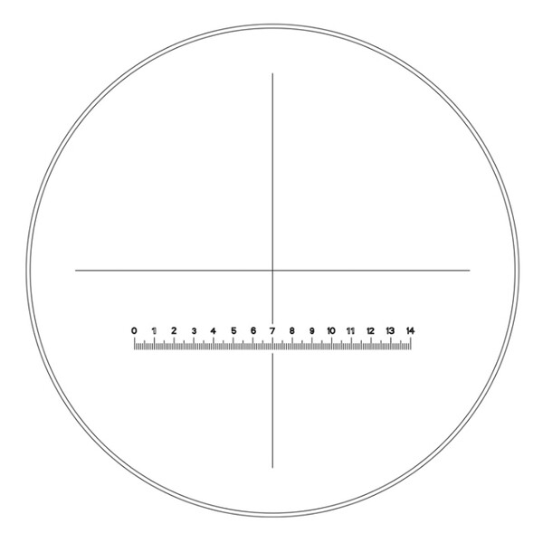 Motic oculare micrometrico WF10X/23 mm, scala (14 mm in 140 suddivisioni) e mirino