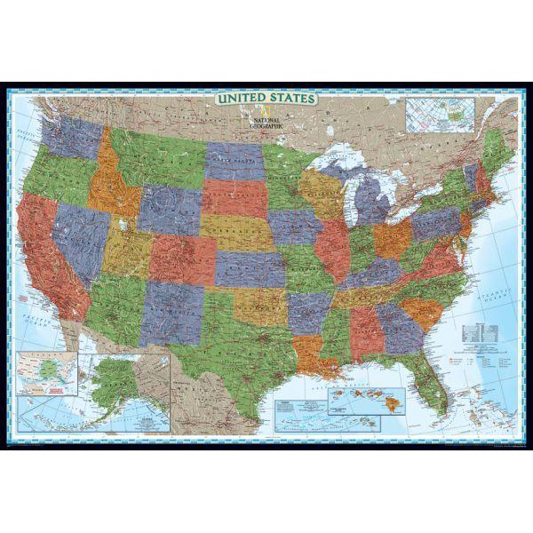 National Geographic Mappa Carta decorativa degli USA, politica, grande, laminata