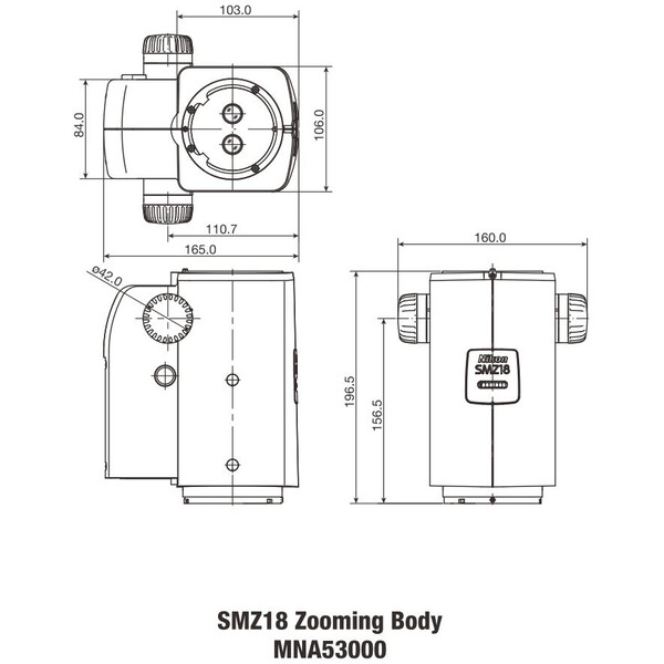 Nikon SMZ18, manuale, ottica parallela, acromatico, testa zoom, binoculare, 7,5-135x, click stop, rapporto 18:1, 15°