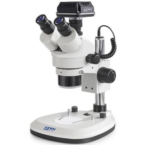 Kern Microscopio OZL 466C825, Greenough, Colonna, 7-45x, 10x/20, Luce trasmessa e trasmessa 3W LED, Anello, Fotocamera 5MP, USB 2.0