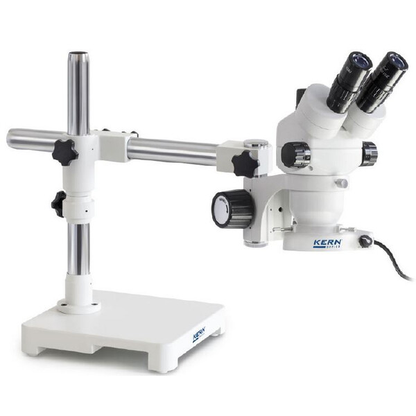 Kern Microscopio stereo zoom OZM 902, binoculare, 7x-45x, HSWF, treppiede, braccio singolo con piano d'appoggio, lampada ad anello LED 4,5 W