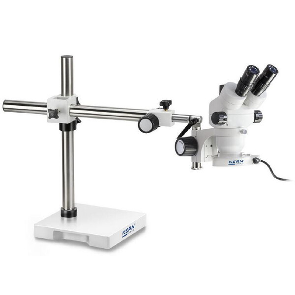 Kern Microscopio stereo zoom OZM 912, bino, 7x-45x, HSWF 10x23 mm, Cavalletto, Braccio singolo (430 mm x 385 mm) con piano d'appoggio, Lampade ad anello LED 4,5 W