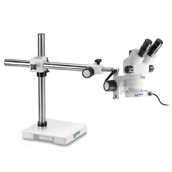 Kern Microscopio stereo zoom OZM 913, trino, 7x-45x, HSWF 10x23 mm, Cavalletto, Braccio singolo (515 mm x 614 mm) con piano d'appoggio, Lampade ad anello LED 4,5 W