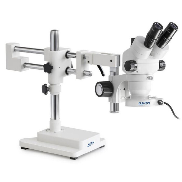 Kern Microscopio stereo zoom OZM 923, trino, 7-45x, HSWF 10x23 mm, Cavalletto a doppio braccio, 430x480 mm, con piano d'appoggio, Lampade ad anello LED 4,5 W