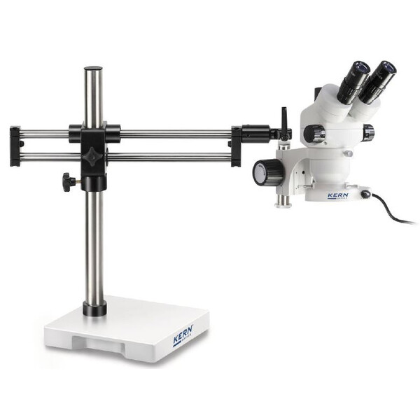 Kern Microscopio stereo zoom OZM 932, bino, 7-45x, HSWF 10x23 mm, Cavalletto a doppio braccio, 430x480 mm, con piano d'appoggio, Lampade ad anello LED 4,5 W