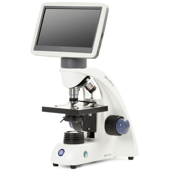 Euromex Microscopio MicroBlue, MB.1051-LCD, schermo LCD da 5,6 pollici, obiettivi Achr. 4/10/S40x, DIN 35mm perf., 40x - 400x, LED, 1W, tavolo a croce