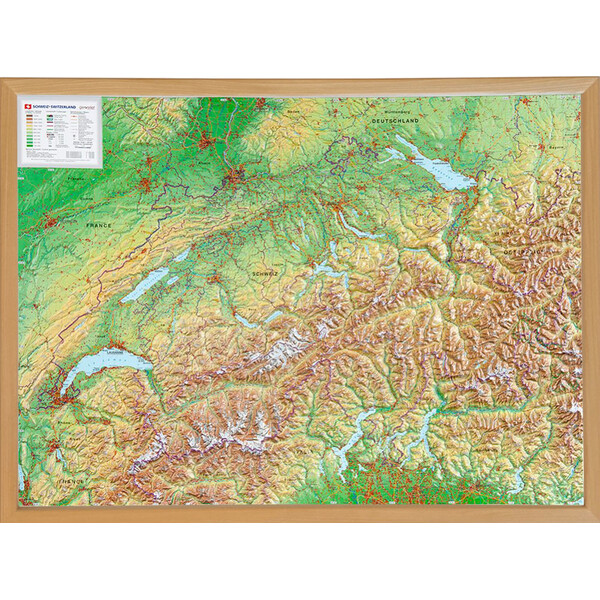 Georelief Mappa Svizzera, carta in rilievo grande con cornice in legno (in tedesco)