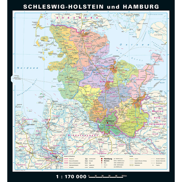 PONS Mappa Regionale Schleswig-Holstein e Amburgo fisico e politico (148 x 175 cm)