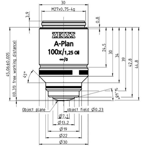 ZEISS Obiettivo Obiettivi A-Plan 100x/1,25 Oil D=0 wd=0,31mm