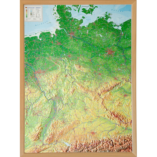 Georelief Mappa Germania, carta in rilievo grande con cornice in legno (in tedesco)