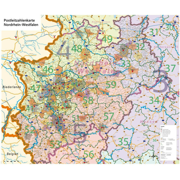 GeoMetro Mappa Regionale Nordrhein-Westfalen Postleitzahlen PLZ NRW (118 x 100 cm)