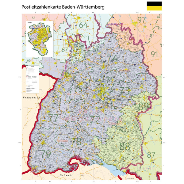 GeoMetro Mappa Regionale Baden-Württemberg Postleitzahlen PLZ (100 x 123 cm)
