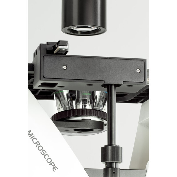 Kern Microscopio invertito OCM 166, FL, PH, trino, inverso, condensatore Abbe N.A. 0,3 fisso, 10x-40x, LED 30W, Al, 100W HBO, Dl