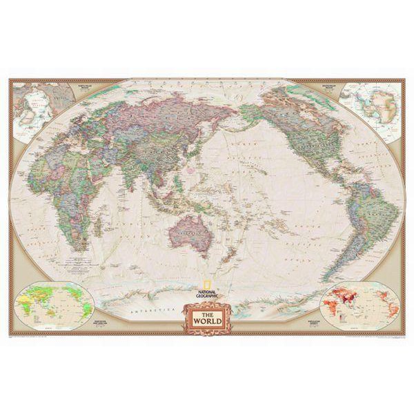 National Geographic Mappa del Mondo Planisfero antico centrato sul Pacifico, laminato