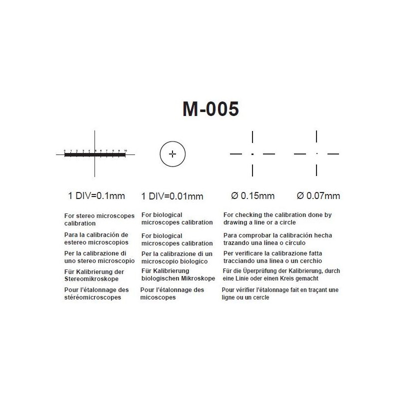 Optika M-005, obiettivo con portaoggetto micrometrico, Range 1 mm, Suddivisioni 0.01mm, 26x76 mm