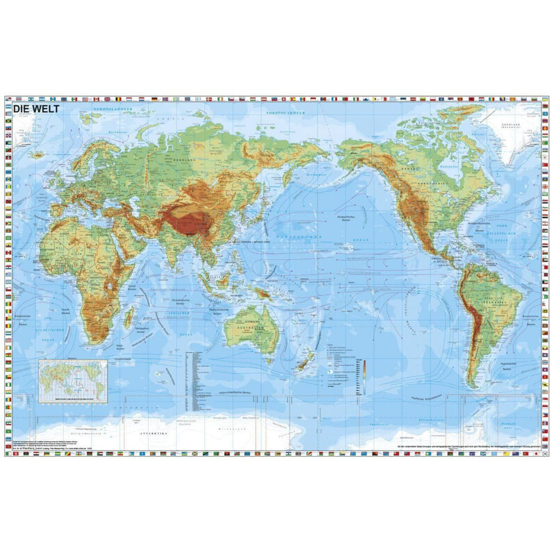 Stiefel Mappa del Mondo physisch pazifikzentriert mit Flaggenrand (98 x 68 cm)