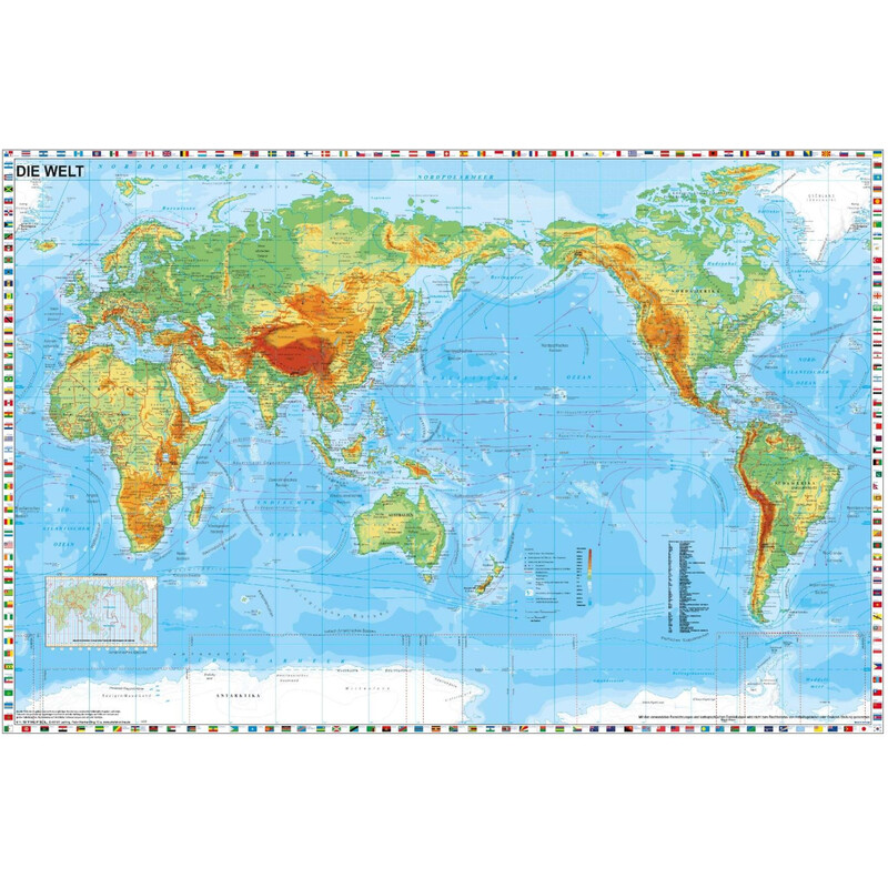 Stiefel Mappa del Mondo Con orientamento fisico incentrato sul Pacifico e bordo con bandiere (98 x 68 cm)