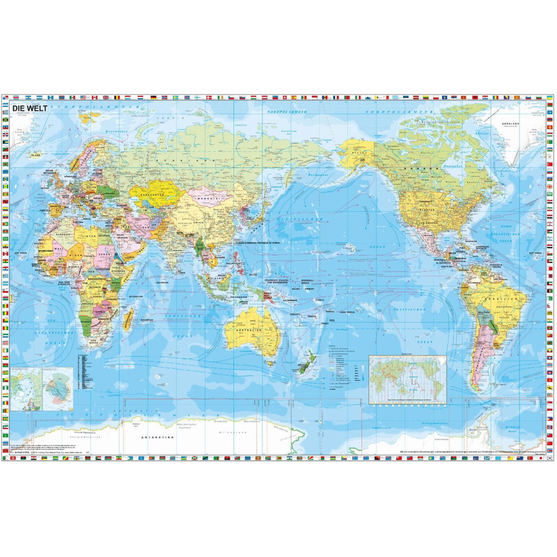 Stiefel Mappa del Mondo politisch pazifikzentriert mit Flaggenrand (98 x 68 cm)