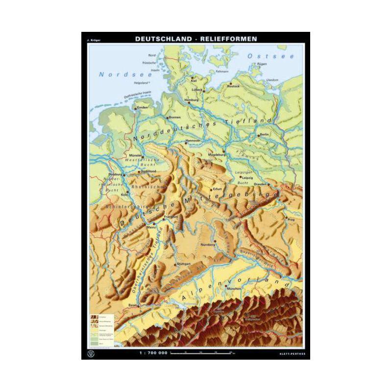 Klett-Perthes Verlag Mappa Germania, rilievi / conformazione del territorio (lavabile) fronte/retro