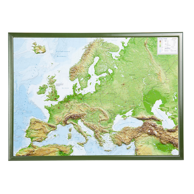 Georelief Europa, carta in rilievo grande con cornice in legno (in tedesco)