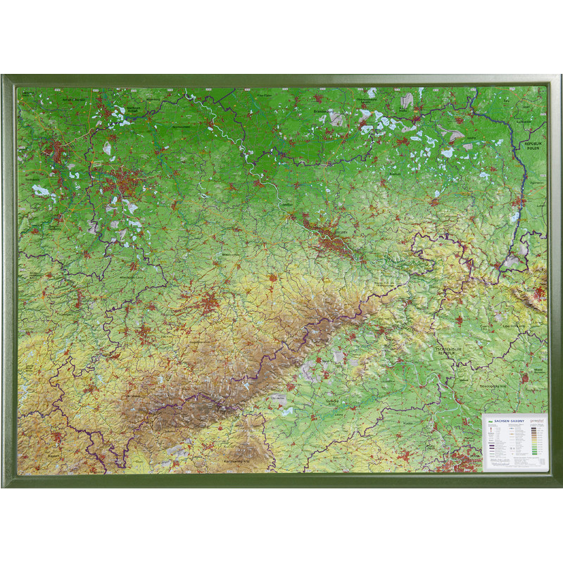 Georelief Mappa Regionale Sassonia, carta in rilievo grande con cornice in legno (in tedesco)