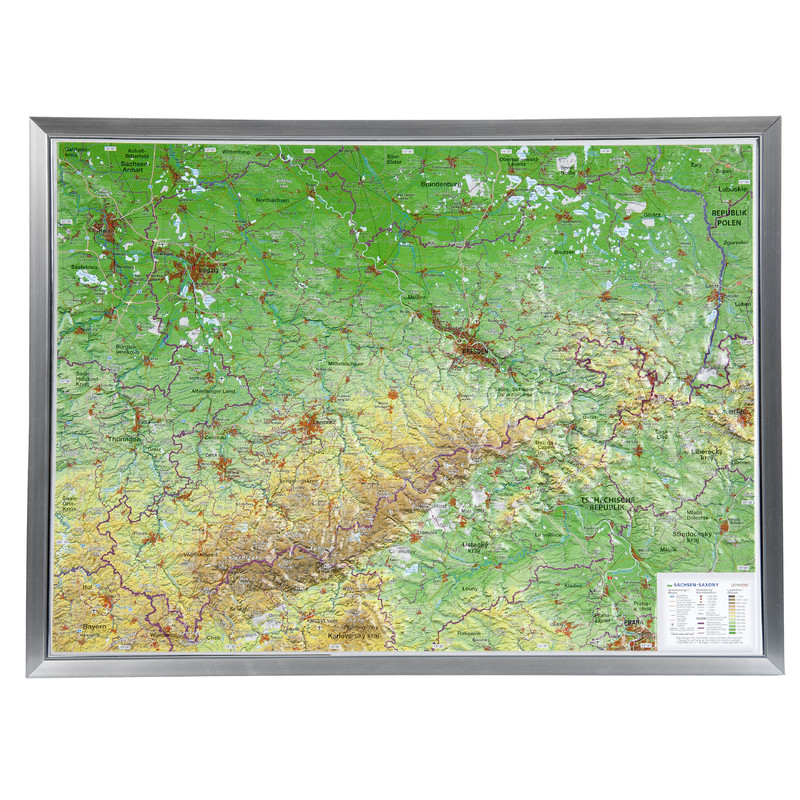 Georelief Mappa Regionale Sassonia, carta in rilievo grande con cornice in alluminio (in tedesco)