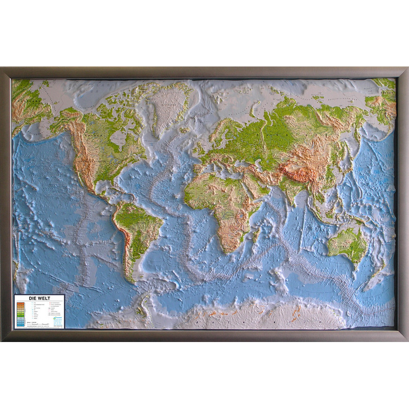 geo-institut Mappa del Mondo Planisfero, carta fisica in rilievo Silver line, inglese