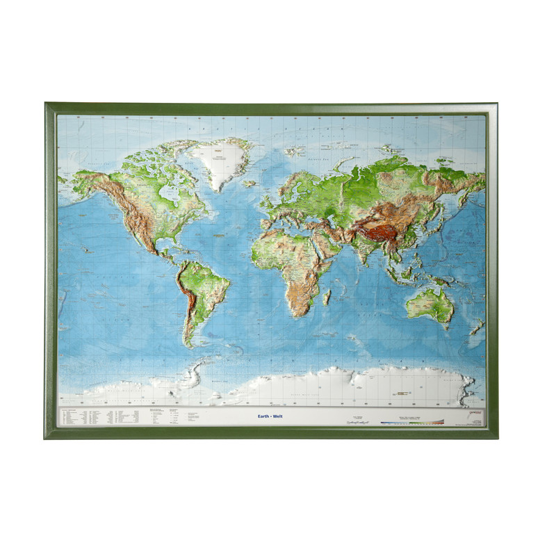 Georelief Mappa del Mondo Planisfero, carta in rilievo grande con cornice in legno, INGLESE
