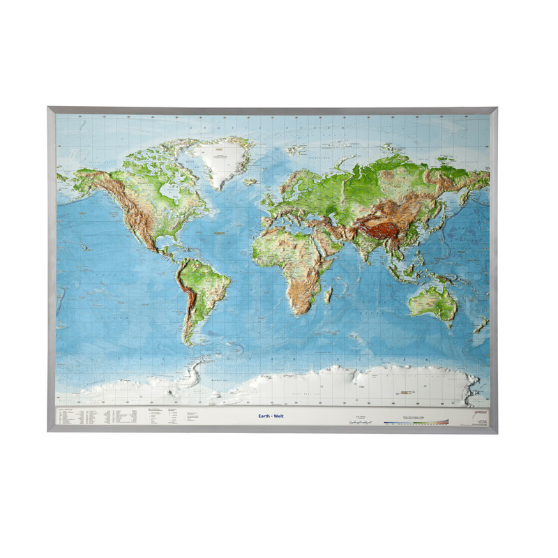 Georelief Mappa del Mondo Planisfero, carta in rilievo grande con cornice in alluminio, INGLESE
