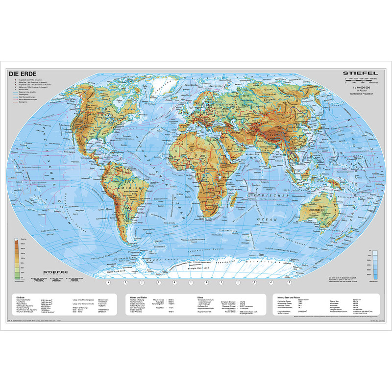 Stiefel Mappa del Mondo La Terra, carta fisica con profili in metallo