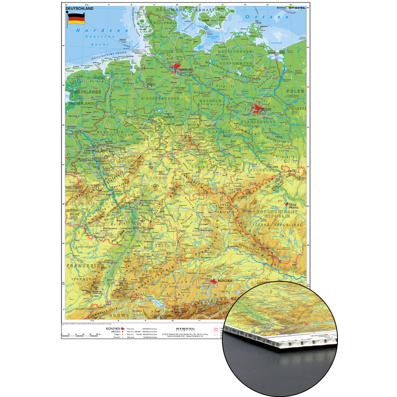 Stiefel Mappa Germania, carta fisica su pannello tamburato (in tedesco)