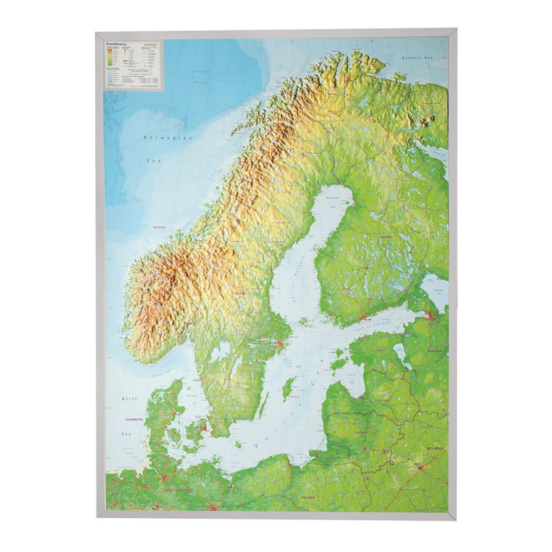 Georelief Mappa Regionale Scandinavia, carta grande in rilievo con cornice in plastica argento