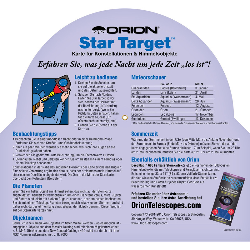 Orion Carta Stellare Drehbare Sternkarte Star Target für 40°-60° nord