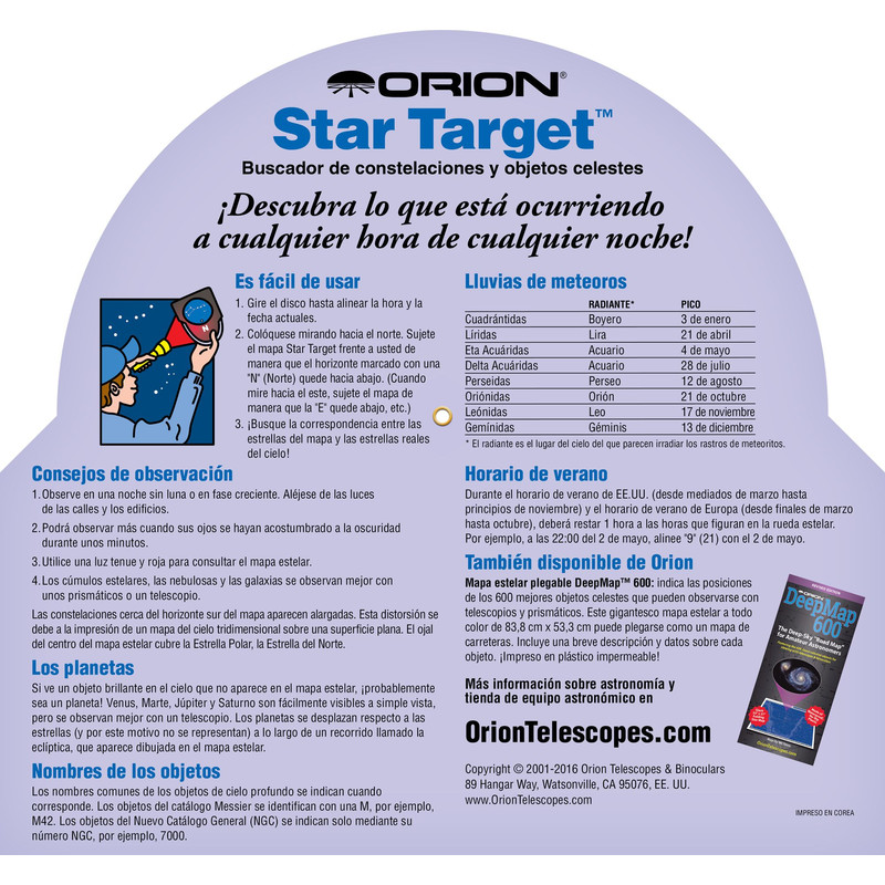 Orion Carta Stellare Star Target para latitudes de 30° a 50° N