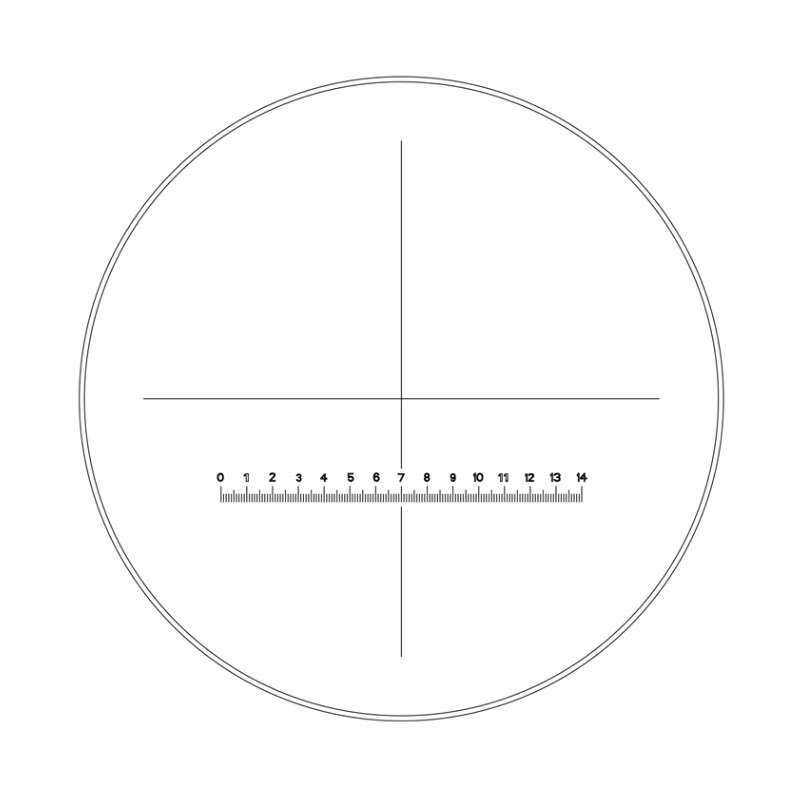 Motic oculare micrometrico WF10X/23 mm, scala (14 mm in 140 suddivisioni) e mirino