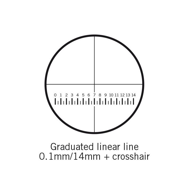 Motic reticolo con scala graduata (14 mm in 140 divisioni) e mirino, (Ø 25 mm)
